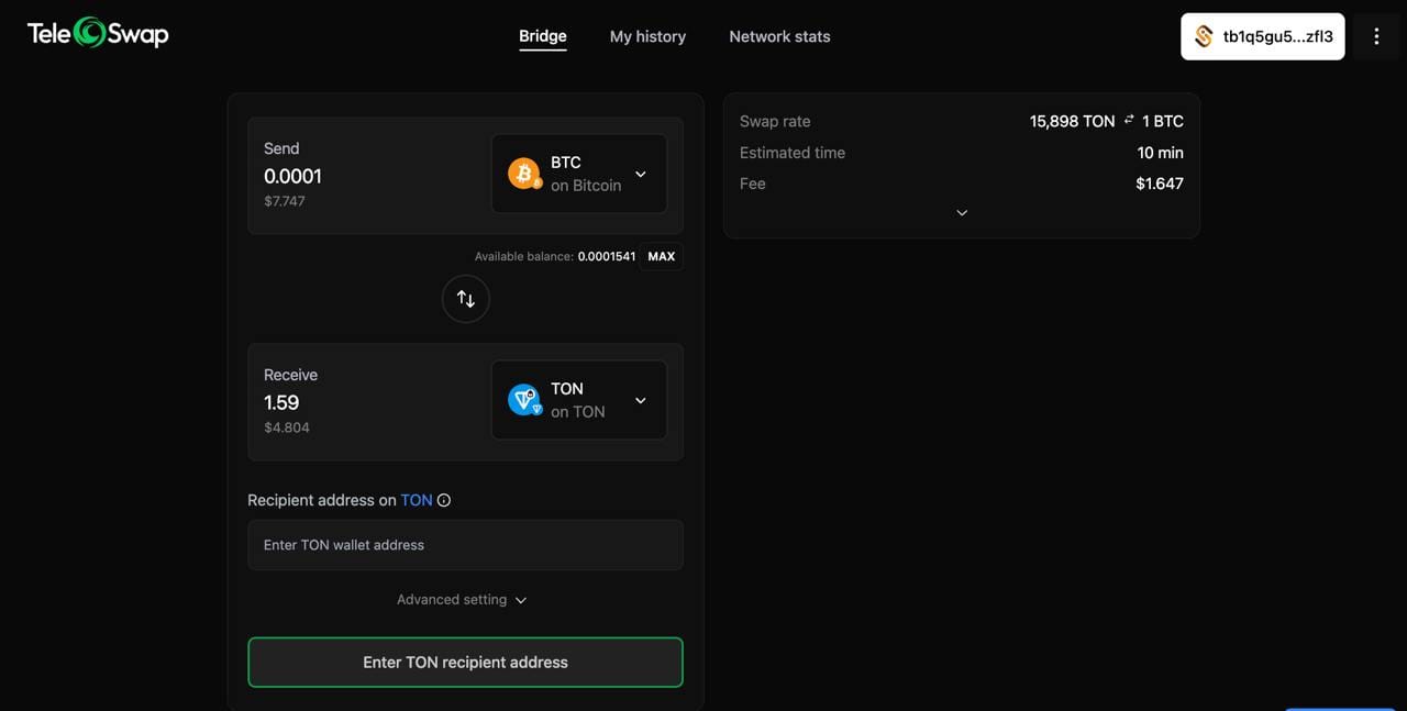 The Teleswap BTC to TON exchange